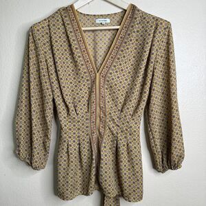 MAX STUDIO Shirt Women's Large Tie-front Top Smocked Waist V-neck 3/4 Sleeve